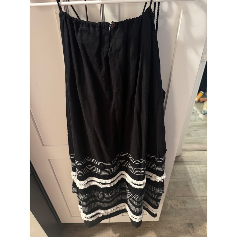 For the Republic Black Cotton Halter Dress Tassel Fringe Embroidered Boho Medium